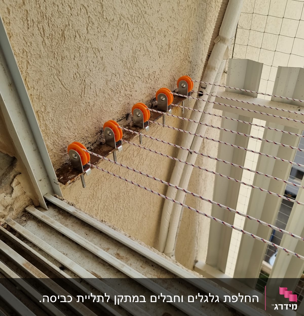 גלגלות כתומות על קיר עם חוטים מתוחים